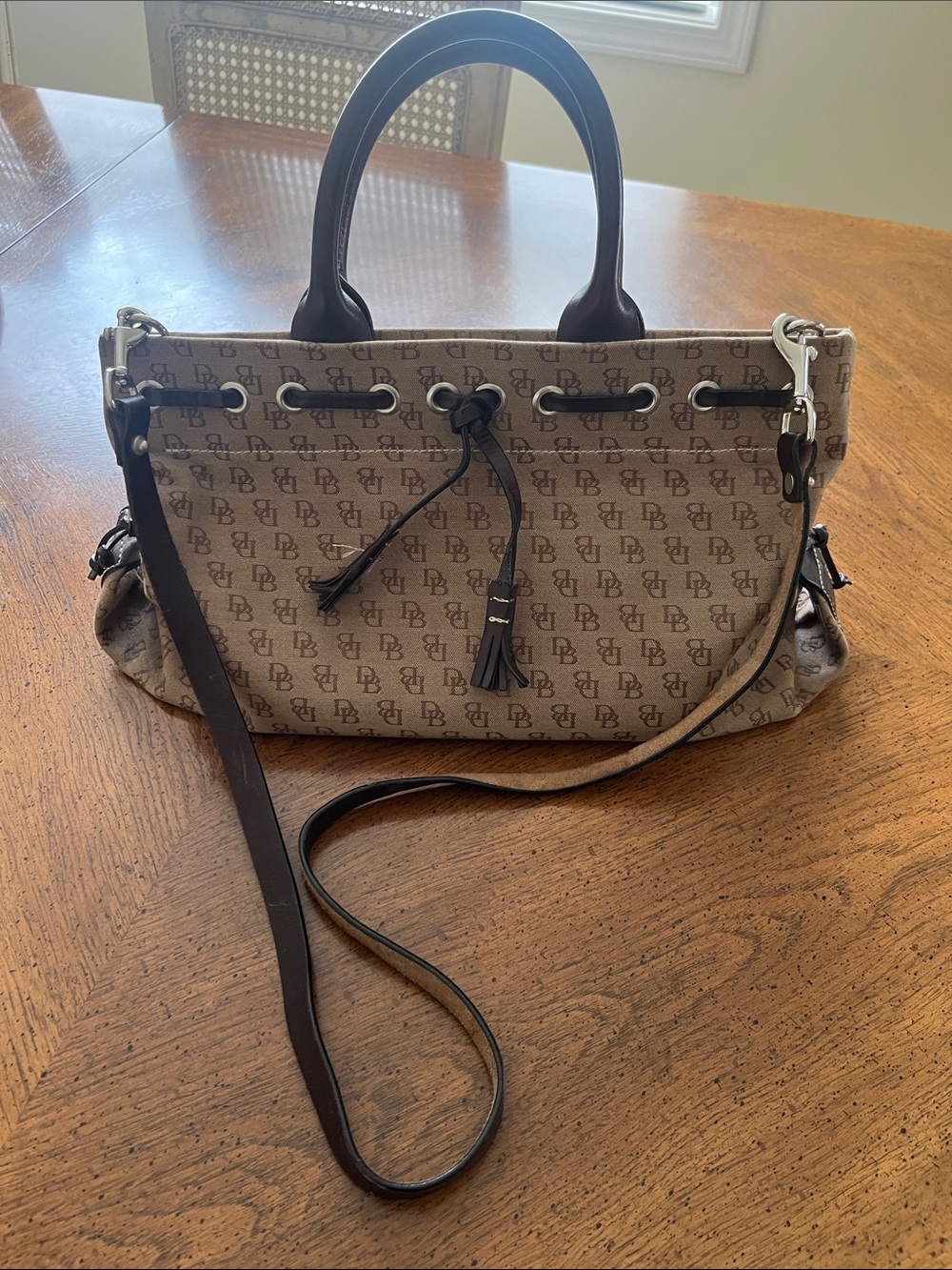 Dooney & Bourke Signature Canvas Tassel Tote Satchel H048K Brown Monogram